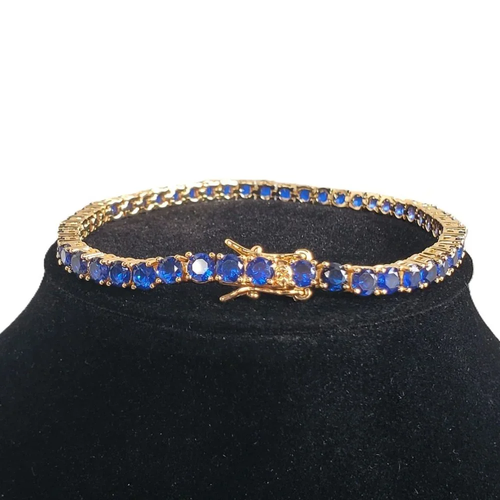 14K Gold Womens 2ct Blue Sapphire Gemstone Tennis Bracelet 14 K Silver Jewelry - Picture 2 of 7
